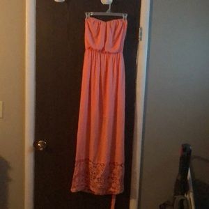 Coral covered maxi dress with lace bottom